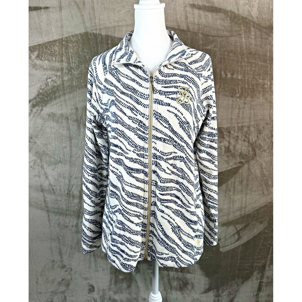 Tommy Bahama Womens Aruba Zebra Bay Full Zip Sweatshirt Medium Blue Gold Accents